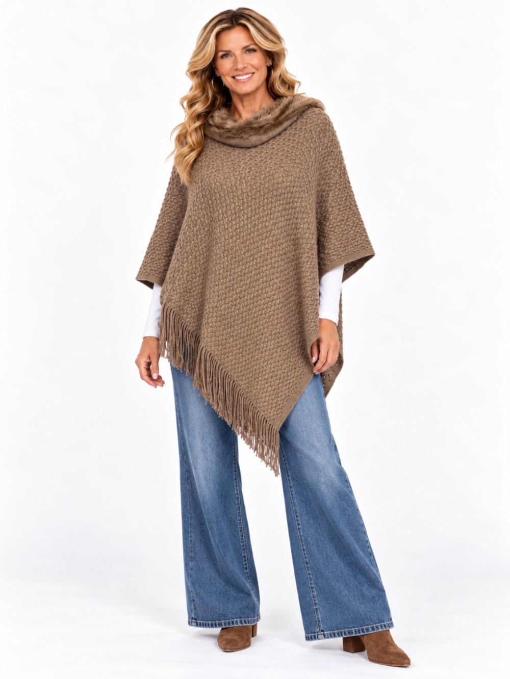 Cozy Fringe Poncho Sweater Taupe Size: OS